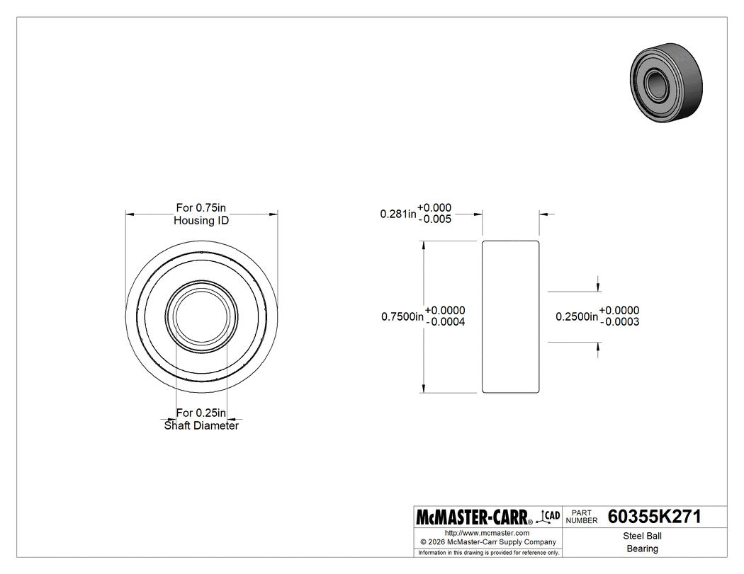 Technical Drawing of Steel Ball Bearing, Shielded, Trade No. R4A-2Z, for 1/4" Shaft Diameter.